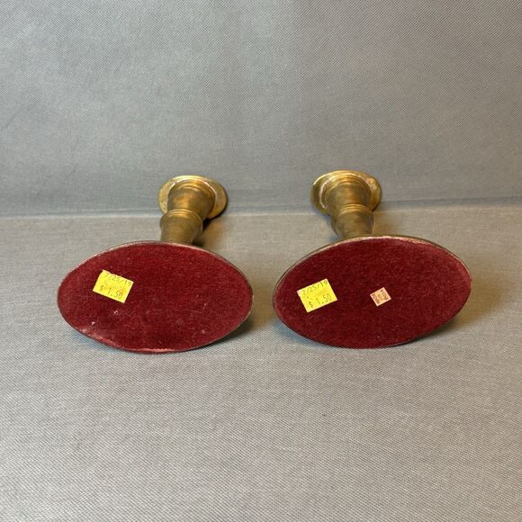 Antique Pair of Brass Candlestick Holders Primitive Metal Work Mantel Decor - Picture 5 of 8